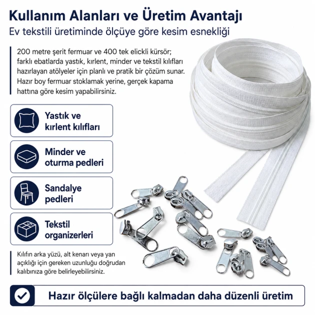 Professional N3 Nylon Coil Zipper Chain Set for Pillow & Cushion Covers – 200 m / 656.17 ft with 400 Single-Pull Sliders