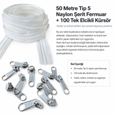 Yastık ve Kırlent Kılıfları İçin Orta Seviye Tip 5 Naylon Şerit Fermuar Seti – 50 m ve 100 Tek Elcikli Kürsör SET-T5T-NAYLON-50M100C
