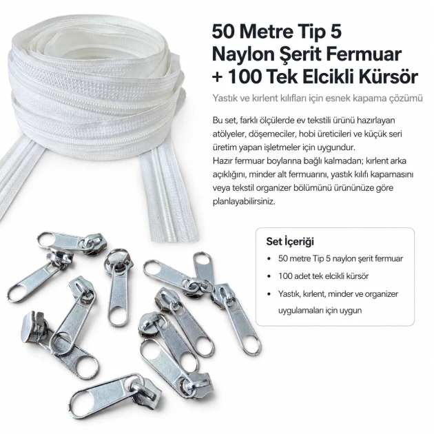 Medium-Volume N3 Nylon Coil Zipper Chain Set for Pillow & Cushion Covers – 50 m / 164.04 ft with 100 Single-Pull Sliders