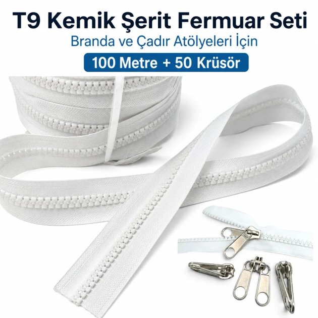 T9 Bone Tarpaulin and Tent Strap Zipper Set with 100m and 50 pulls