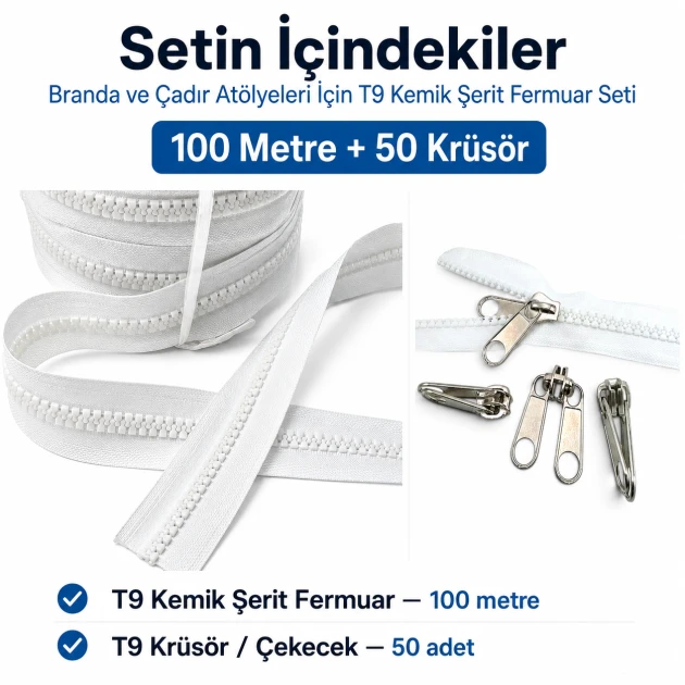 T9 Bone Tarpaulin and Tent Strap Zipper Set with 100m and 50 pulls