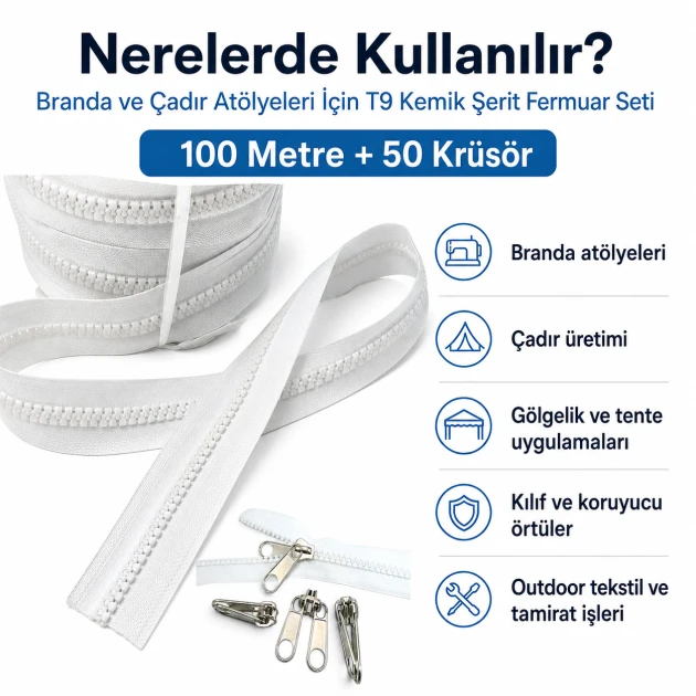 T9 Bone Tarpaulin and Tent Strap Zipper Set with 100m and 50 pulls