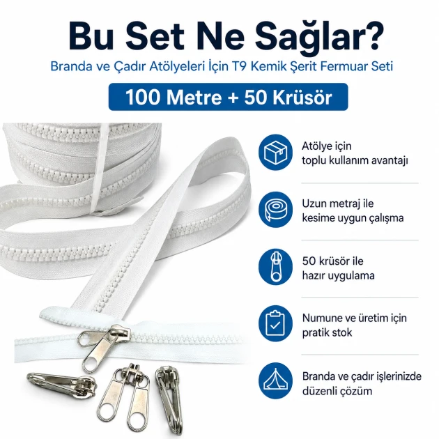 T9 Bone Tarpaulin and Tent Strap Zipper Set with 100m and 50 pulls