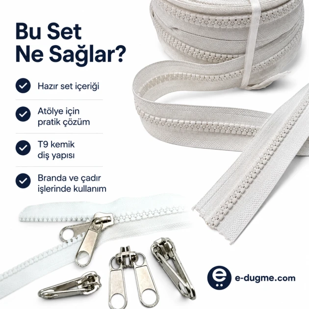T9 Bone Tarpaulin and Tent Strap Zipper Set with 10 Pulls