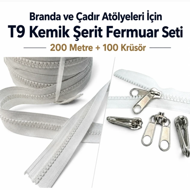 T9 Bone Tarpaulin and Tent Strap Zipper Set with 200 meters and 100 pulls