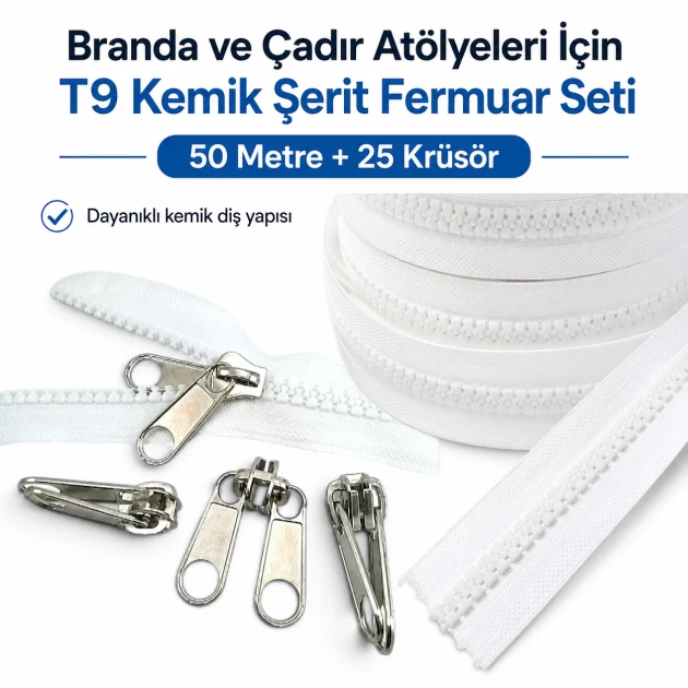 T9 Bone Tarpaulin and Tent Strap Zipper Set with 50 meters strap and 25 pulls