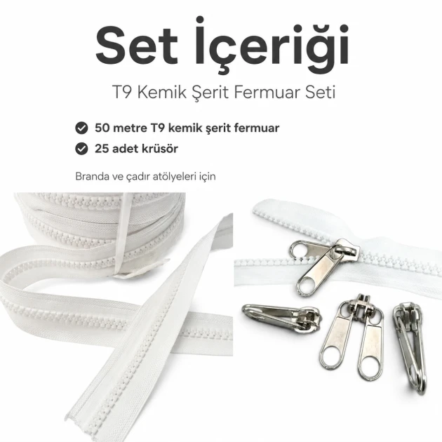 T9 Bone Tarpaulin and Tent Strap Zipper Set with 50 meters strap and 25 pulls