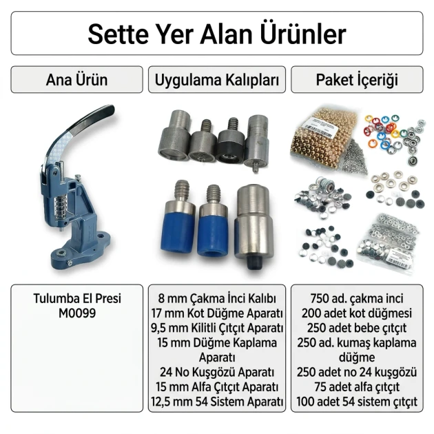 Tulumba Hand Press Mid-Level Textile Accessory Set – Pearl, Jeans Button, Baby Snap, Fabric Cover Button, No.24 Eyelet, 15 mm Alfa and 12.5 mm System 54 SET001ORT