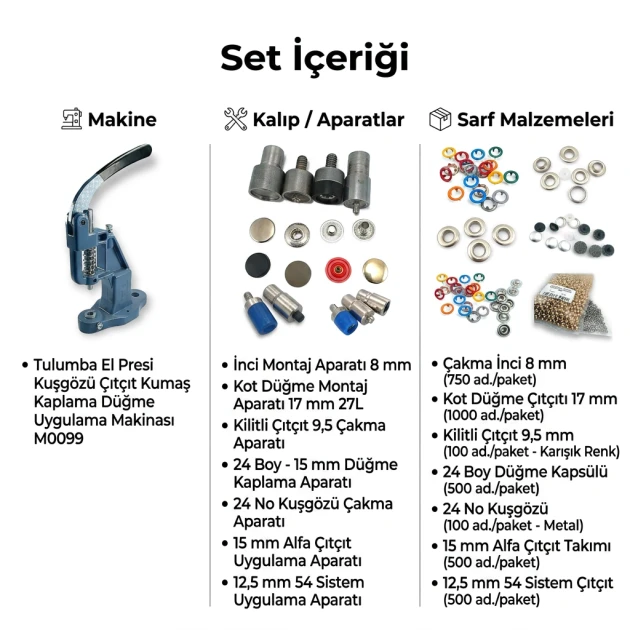 Tulumba Hand Press Mid-Level Textile Accessory Set – Pearl, Jeans Button, Baby Snap, Fabric Cover Button, No.24 Eyelet, 15 mm Alfa and 12.5 mm System 54 SET001ORT