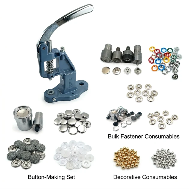 Tulumba Hand Press Mid-Level Textile Accessory Set – Pearl, Jeans Button, Baby Snap, Fabric Cover Button, No.24 Eyelet, 15 mm Alfa and 12.5 mm System 54 SET001ORT