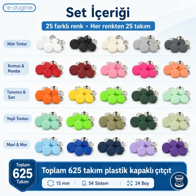 15 mm / 0.59 in Plastic Cap Snap Fastener Color Sample Set – 25 Colors / 625 Sets SET15PL25RENK