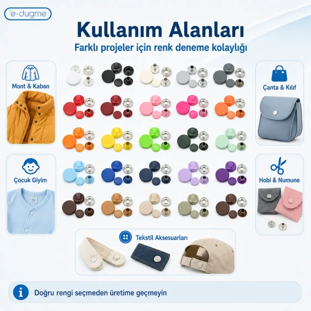 15 mm / 0.59 in Plastic Cap Snap Fastener Color Sample Set – 25 Colors / 625 Sets SET15PL25RENK
