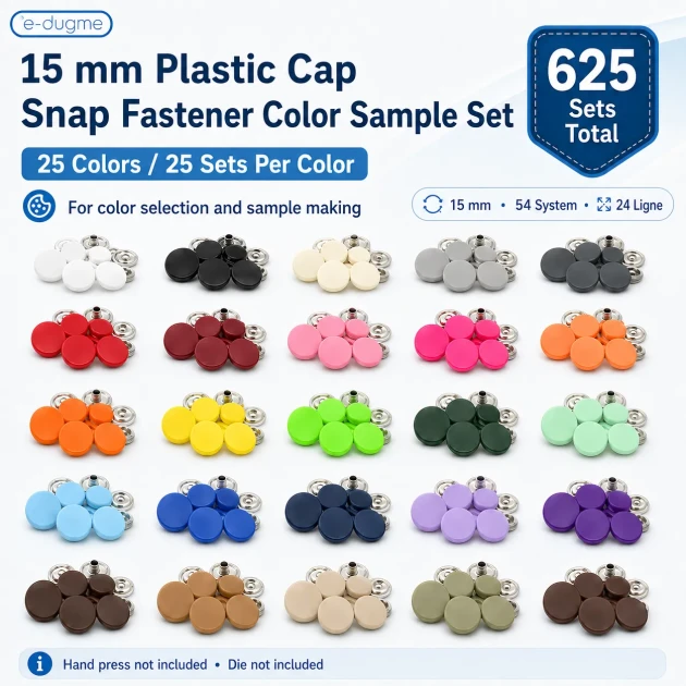 15 mm / 0.59 in Plastic Cap Snap Fastener Color Sample Set – 25 Colors / 625 Sets SET15PL25RENK