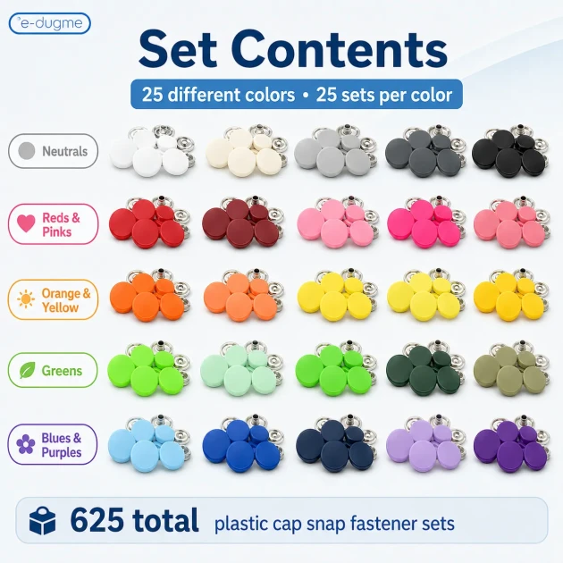 15 mm / 0.59 in Plastic Cap Snap Fastener Color Sample Set – 25 Colors / 625 Sets SET15PL25RENK