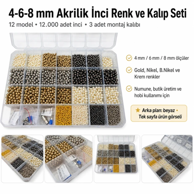Acrylic Pearl Color and Die Set in 4, 6 and 8 mm sizes with 12 models and 12,000 pieces, perfect for textile and craft