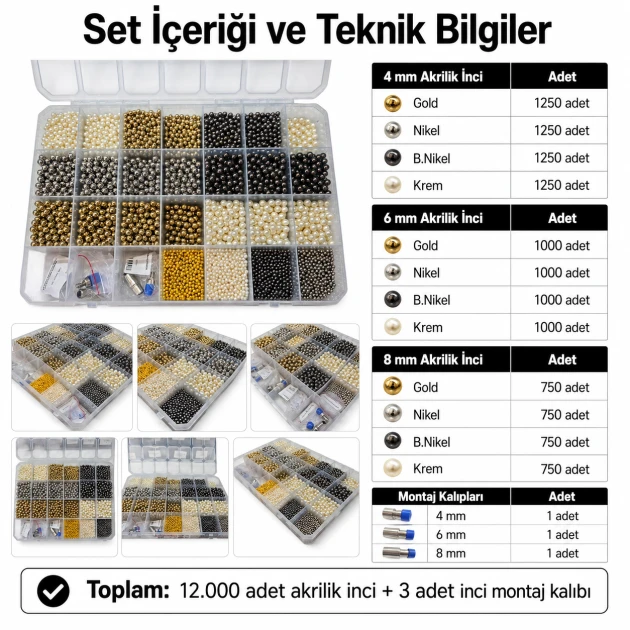 Acrylic Pearl Color and Die Set in 4, 6 and 8 mm sizes with 12 models and 12,000 pieces, perfect for textile and craft
