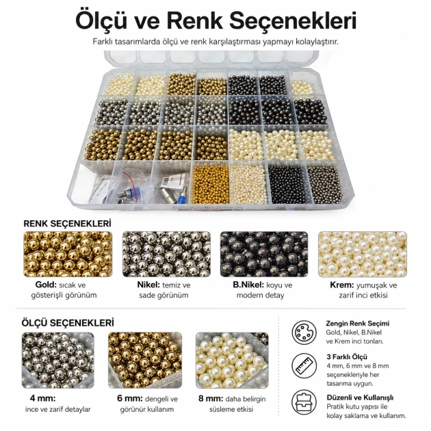 Acrylic Pearl Color and Die Set in 4, 6 and 8 mm sizes with 12 models and 12,000 pieces, perfect for textile and craft