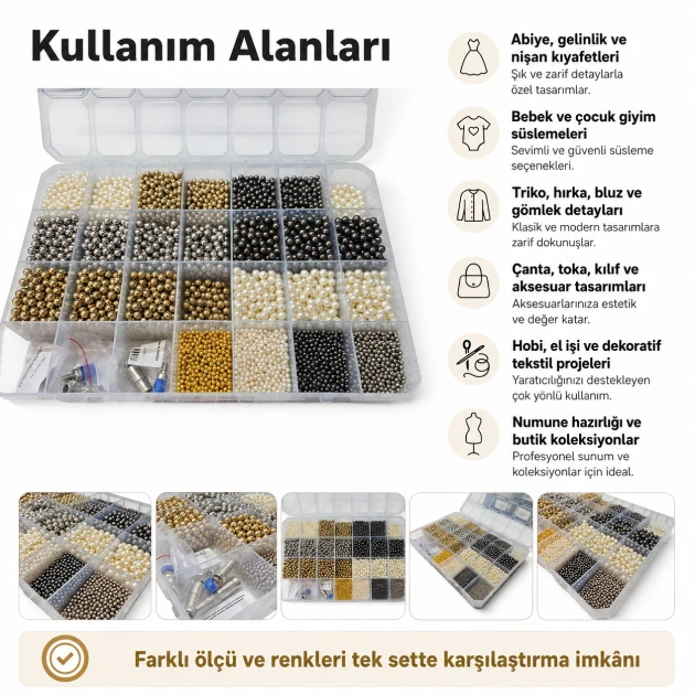 Acrylic Pearl Color and Die Set in 4, 6 and 8 mm sizes with 12 models and 12,000 pieces, perfect for textile and craft