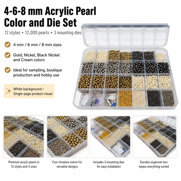 Acrylic Pearl Color and Die Set in 4, 6 and 8 mm sizes with 12 models and 12,000 pieces, perfect for textile and craft