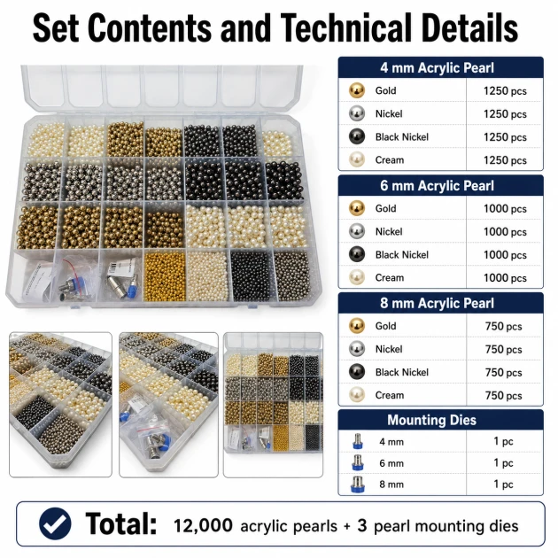 Acrylic Pearl Color and Die Set in 4, 6 and 8 mm sizes with 12 models and 12,000 pieces, perfect for textile and craft