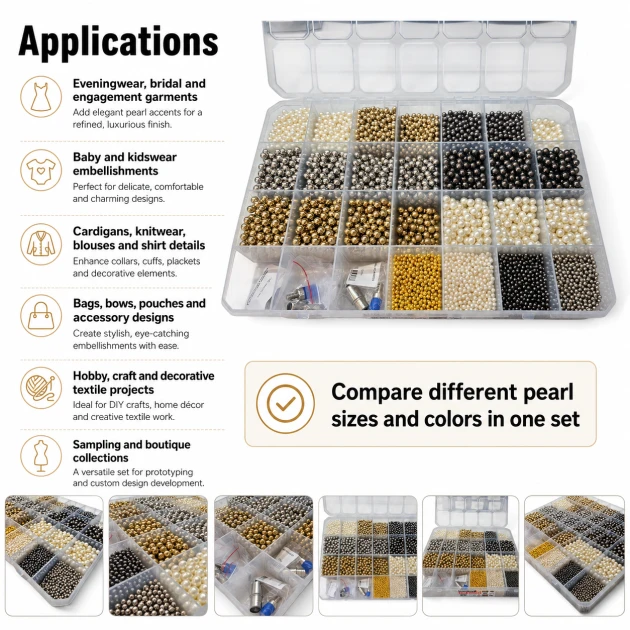 Acrylic Pearl Color and Die Set in 4, 6 and 8 mm sizes with 12 models and 12,000 pieces, perfect for textile and craft