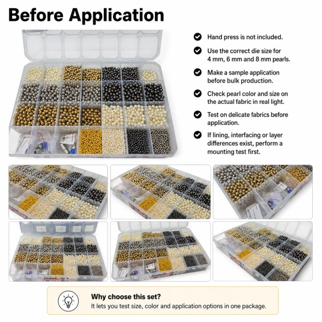 Acrylic Pearl Color and Die Set in 4, 6 and 8 mm sizes with 12 models and 12,000 pieces, perfect for textile and craft