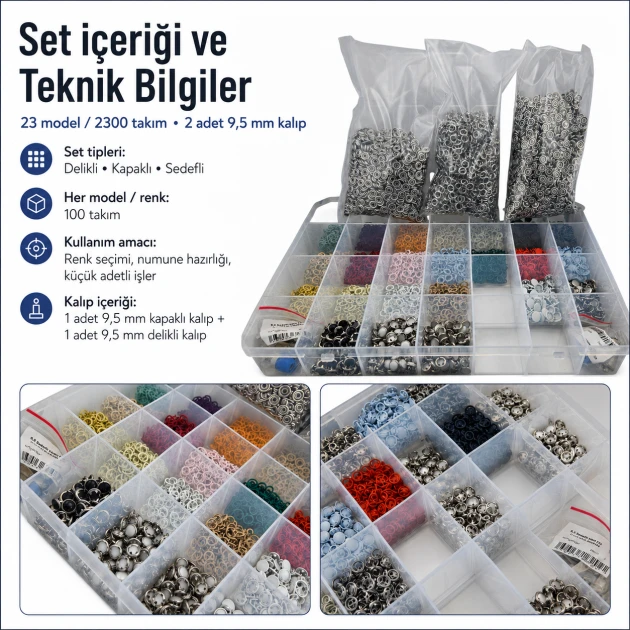 9.5 mm Stainless Steel Perforated Click Color Set – 23 Colors / 2300 Sets SET95KLK23RENK