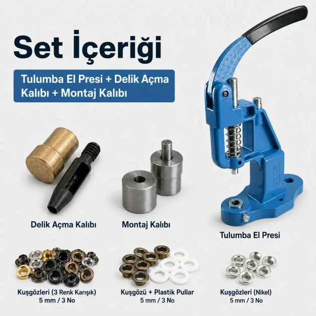 3 No Plise Sineklik Kuşgözü El Presli Başlangıç Seti, 5 mm Delik Açma Kalıbı ve Tulumba El Presi ile PVC Şerit Montajı için