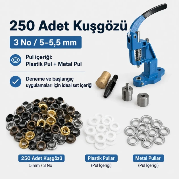 3 No Plise Sineklik Kuşgözü El Presli Başlangıç Seti, 5 mm Delik Açma Kalıbı ve Tulumba El Presi ile PVC Şerit Montajı için