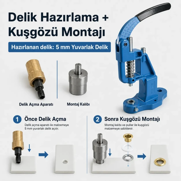3 No Plise Sineklik Kuşgözü El Presli Başlangıç Seti, 5 mm Delik Açma Kalıbı ve Tulumba El Presi ile PVC Şerit Montajı için