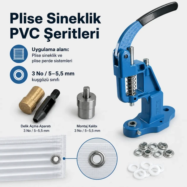 3 No Plise Sineklik Kuşgözü El Presli Başlangıç Seti, 5 mm Delik Açma Kalıbı ve Tulumba El Presi ile PVC Şerit Montajı için