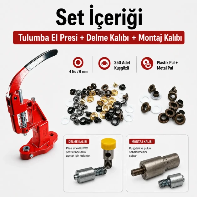 4 No Plise Sineklik Kuşgözü Seti, 6-6.5 mm Delme ve Montaj Kalıbı, Tulumba El Presli Başlangıç Seti