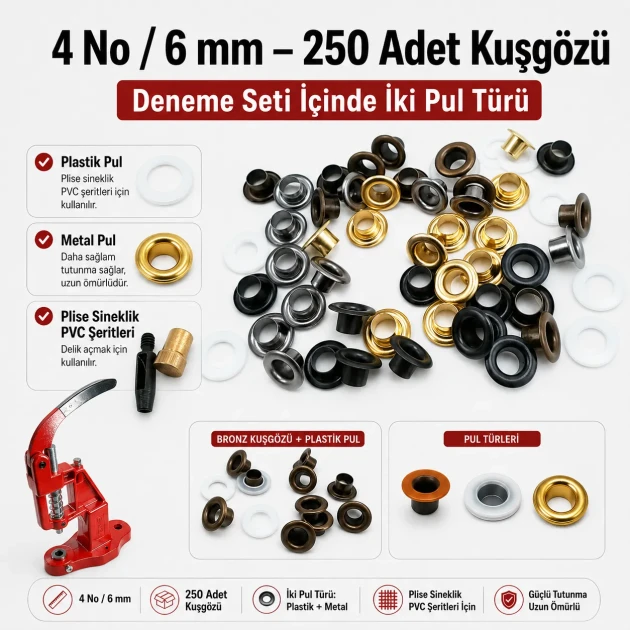 4 No Plise Sineklik Kuşgözü Seti, 6-6.5 mm Delme ve Montaj Kalıbı, Tulumba El Presli Başlangıç Seti