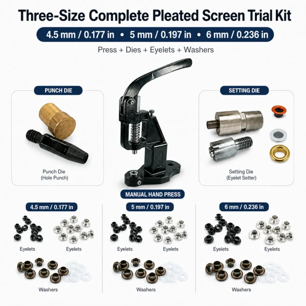 2 No / 4,5 mm, 3 No / 5 mm ve 4 No / 6 mm Plise Sineklik Kuşgözü El Presli 3 Ölçülü Komple Deneme Seti Set001SinDn