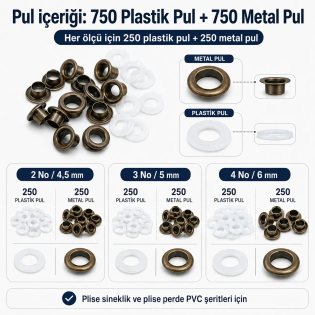 2 No / 4,5 mm, 3 No / 5 mm ve 4 No / 6 mm Plise Sineklik Kuşgözü El Presli 3 Ölçülü Komple Deneme Seti Set001SinDn
