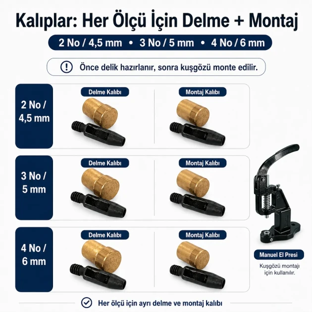 2 No / 4,5 mm, 3 No / 5 mm ve 4 No / 6 mm Plise Sineklik Kuşgözü El Presli 3 Ölçülü Komple Deneme Seti Set001SinDn
