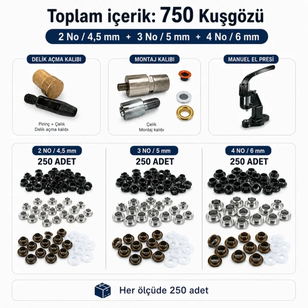 2 No / 4,5 mm, 3 No / 5 mm ve 4 No / 6 mm Plise Sineklik Kuşgözü El Presli 3 Ölçülü Komple Deneme Seti Set001SinDn