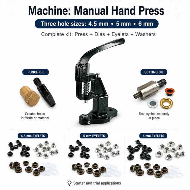 2 No / 4,5 mm, 3 No / 5 mm ve 4 No / 6 mm Plise Sineklik Kuşgözü El Presli 3 Ölçülü Komple Deneme Seti Set001SinDn