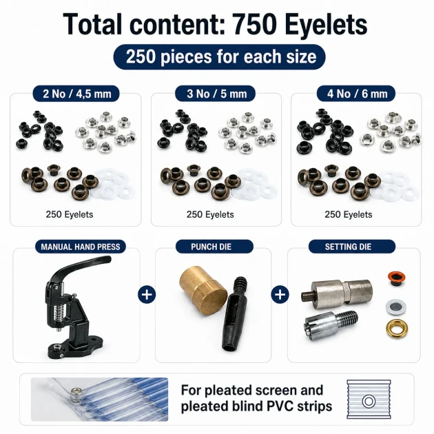 2 No / 4,5 mm, 3 No / 5 mm ve 4 No / 6 mm Plise Sineklik Kuşgözü El Presli 3 Ölçülü Komple Deneme Seti Set001SinDn