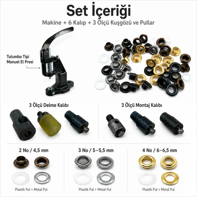 Professional Three-Size Pleated Screen Eyelet Set with 3,000 Eyelets, Hardened Dies and Manual Hand Press for 4–4.5 mm /