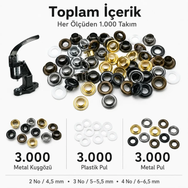 Professional Three-Size Pleated Screen Eyelet Set with 3,000 Eyelets, Hardened Dies and Manual Hand Press for 4–4.5 mm /