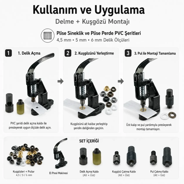 Professional Three-Size Pleated Screen Eyelet Set with 3,000 Eyelets, Hardened Dies and Manual Hand Press for 4–4.5 mm /