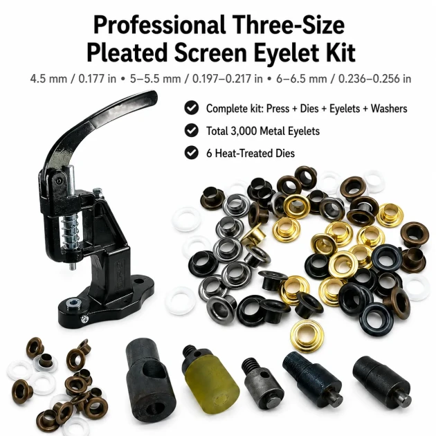 Professional Three-Size Pleated Screen Eyelet Set with 3,000 Eyelets, Hardened Dies and Manual Hand Press for 4–4.5 mm /