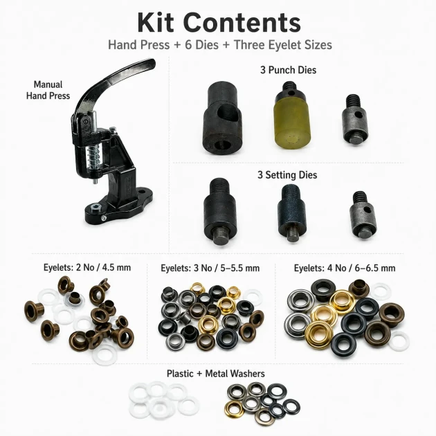 Professional Three-Size Pleated Screen Eyelet Set with 3,000 Eyelets, Hardened Dies and Manual Hand Press for 4–4.5 mm /