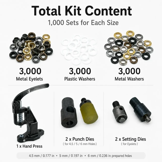 Professional Three-Size Pleated Screen Eyelet Set with 3,000 Eyelets, Hardened Dies and Manual Hand Press for 4–4.5 mm /