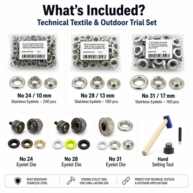 Technical Textile & Outdoor Eyelet Trial Set – 10 mm, 13 mm and 17 mm Eyelets Included TEKNIK-DISMEKAN-DENEME-SET11