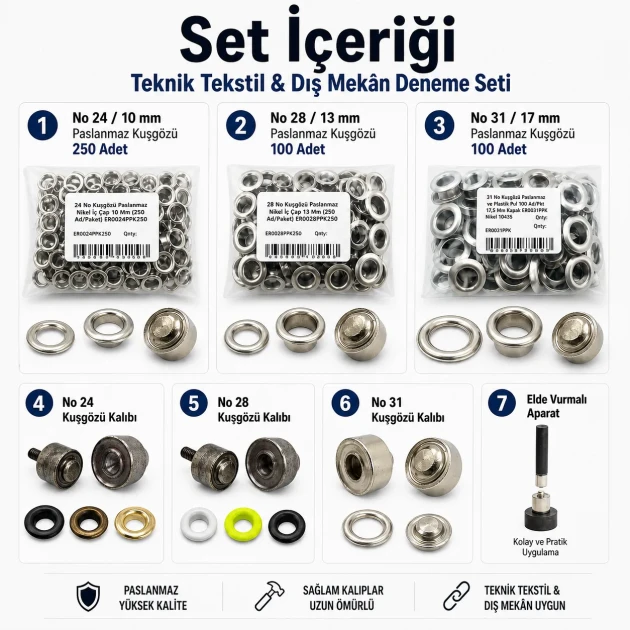 Technical Textile & Outdoor Eyelet Trial Set – 10 mm, 13 mm and 17 mm Eyelets Included TEKNIK-DISMEKAN-DENEME-SET11