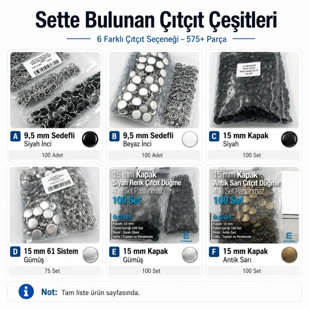 Tailor Supply and Repair Sample Set – Snap Fasteners, Eyelets, Rivets and Jeans Buttons – Press and Dies Not Included TERZI-SARF-NUMUNE-SET01
