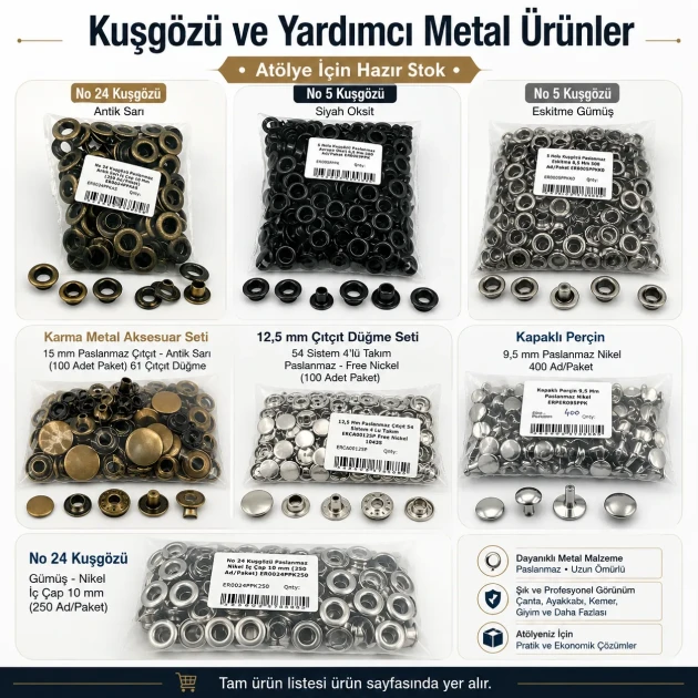 Tailor Supply and Repair Sample Set – Snap Fasteners, Eyelets, Rivets and Jeans Buttons – Press and Dies Not Included TERZI-SARF-NUMUNE-SET01