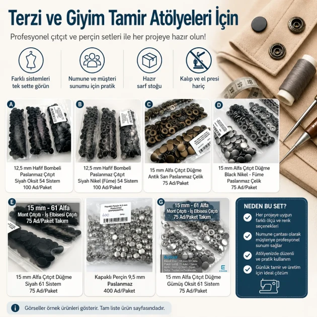 Tailor Supply and Repair Sample Set – Snap Fasteners, Eyelets, Rivets and Jeans Buttons – Press and Dies Not Included TERZI-SARF-NUMUNE-SET01